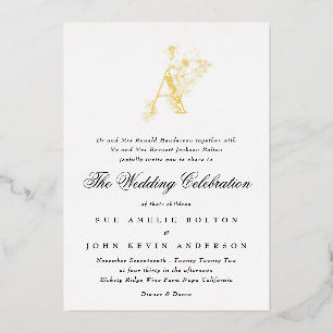 Invitación Con Relieve Metalizado Bello Monograma Dorado Floral Dibujado Boda