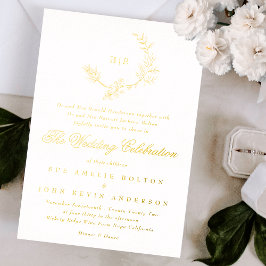 Invitación Con Relieve Metalizado Bello Monograma Dorado Floral Dibujado Boda