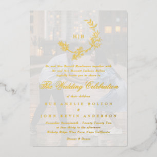 Invitación Con Relieve Metalizado Bello Monograma Floral de ORO Foto Boda