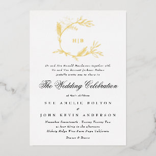 Invitación Con Relieve Metalizado Bello Monograma Floral en ORO Dibujado a Mano para
