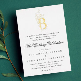 Invitación Con Relieve Metalizado Bello Monograma Floral en ORO Dibujado a Mano para