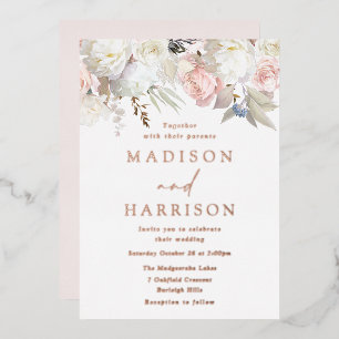 Invitación Con Relieve Metalizado Bello Rosa y Floral Blanco Boda Rosa Dorado