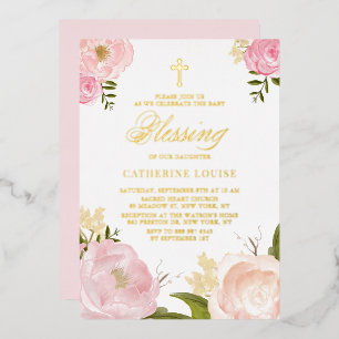 Invitación Con Relieve Metalizado Bendición de bebé floral peonía rosa acuarela