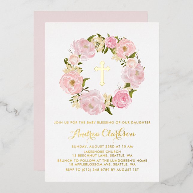 Invitación Con Relieve Metalizado Bendición del bebé floral de flores rosadas de Rub (Anverso/Reverso)