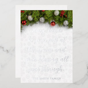 Invitación Con Relieve Metalizado Bendiciones de Navidad con hermoso acebo y adorno