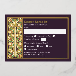 Invitación Con Relieve Metalizado Berenjena dorada Floral Medieval Espada Boda RSVP