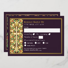 Invitación Con Relieve Metalizado Berenjena dorada Floral Medieval Espada Boda RSVP