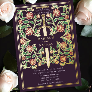 Invitación Con Relieve Metalizado Berenjena Espada Floral Fantasía Medieval Boda 