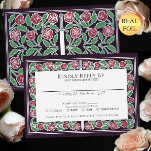 Invitación Con Relieve Metalizado Berenjena Floral Plateada Espada Real RSVP Boda