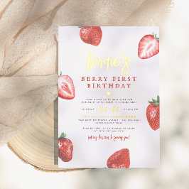 Invitación Con Relieve Metalizado Berry brillante primer Chica de fresa primer cumpl