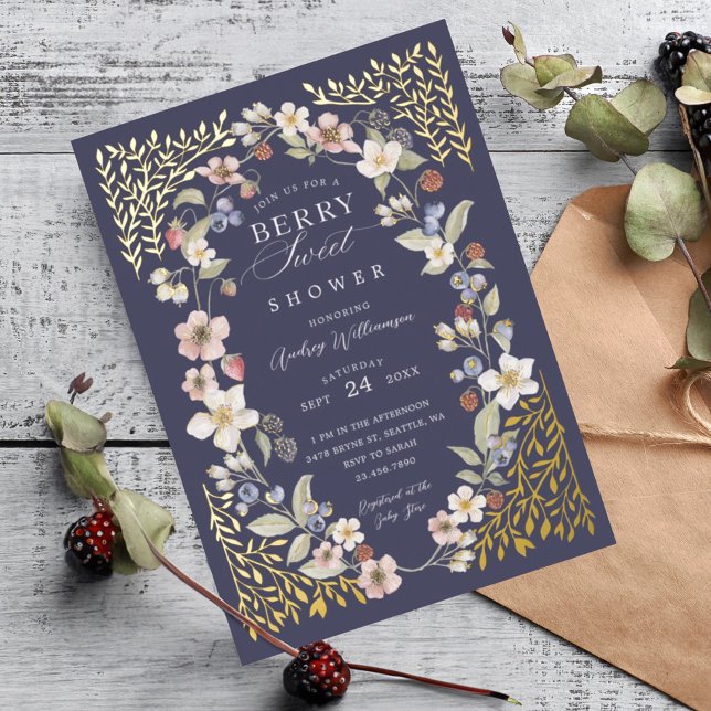 Invitación Con Relieve Metalizado Berry Sweet Baby Shower Wild Berries & Flowers (Berry Sweet Baby Shower Wild Berries & Flowers Foil Invitation)