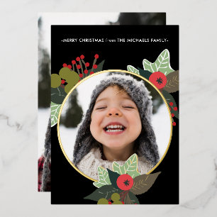 Invitación Con Relieve Metalizado Berry Wreath festivo con Navidades de Circle Photo
