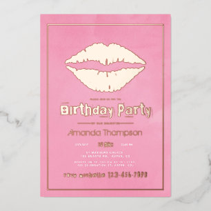 Invitación Con Relieve Metalizado Beso de Labios Cumpleaños Rosa y Dorado