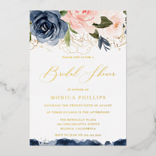 Invitación Con Relieve Metalizado Beso de oro real rosa y azul marino para ducha de