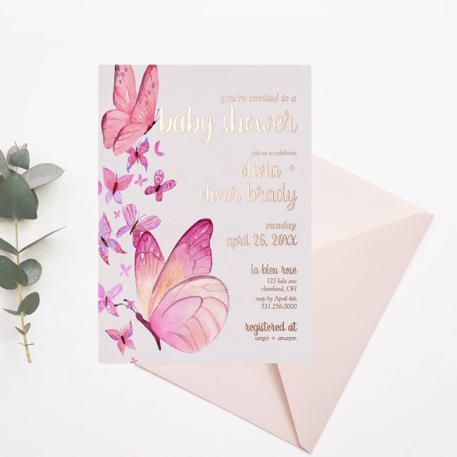 Invitación Con Relieve Metalizado Besos de mariposa y deseos de bebé | Baby Shower P (Subido por el creador)