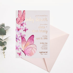 Invitación Con Relieve Metalizado Besos de Mariposa y Deseos para el Bebé Baby Sho