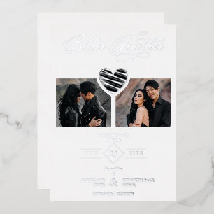 Invitación Con Relieve Metalizado Better Together Quote Black Silver Heart 2 Photos