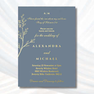 Invitación Con Relieve Metalizado Biblia Botánica Azul Verso Cristiano Boda Oro