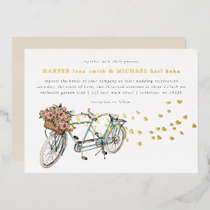 Invitación Con Relieve Metalizado bicicleta tándem boda oro