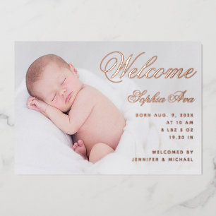 Invitación Con Relieve Metalizado Bienvenida Bebé Foto Elegante Guión Rosa Oro