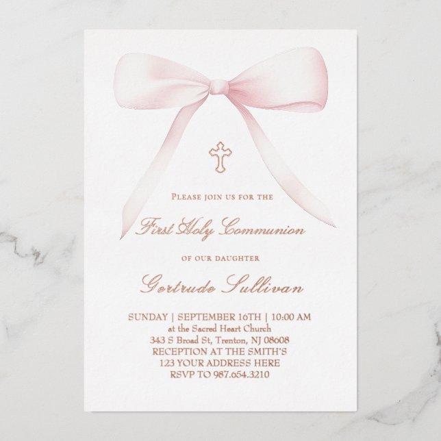 Invitación Con Relieve Metalizado big pink bow | First Communion (Anverso)