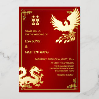 Invitación Con Relieve Metalizado BILINGUAL Dragon And Phoenix | Chinese Wedding