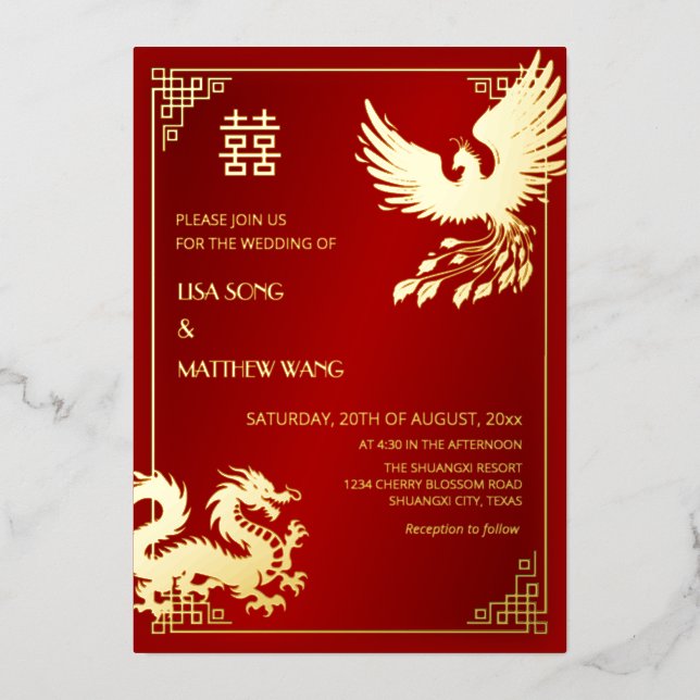 Invitación Con Relieve Metalizado BILINGUAL Dragon And Phoenix  | Chinese Wedding (Anverso)