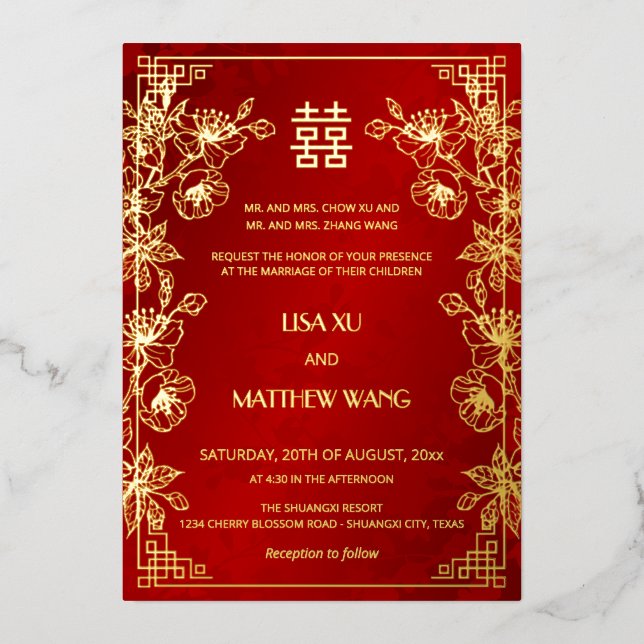 Invitación Con Relieve Metalizado  BILINGUAL Gold Frame Red Chinese Wedding (Anverso)