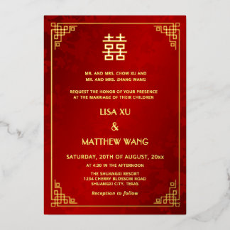 Invitación Con Relieve Metalizado  BILINGUAL Gold Frame Red Chinese Wedding