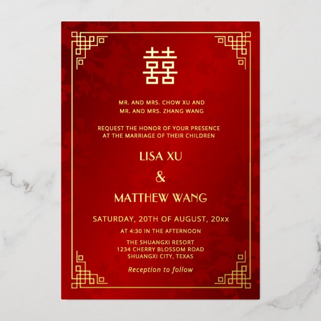Invitación Con Relieve Metalizado  BILINGUAL Gold Frame Red Chinese Wedding (Anverso)