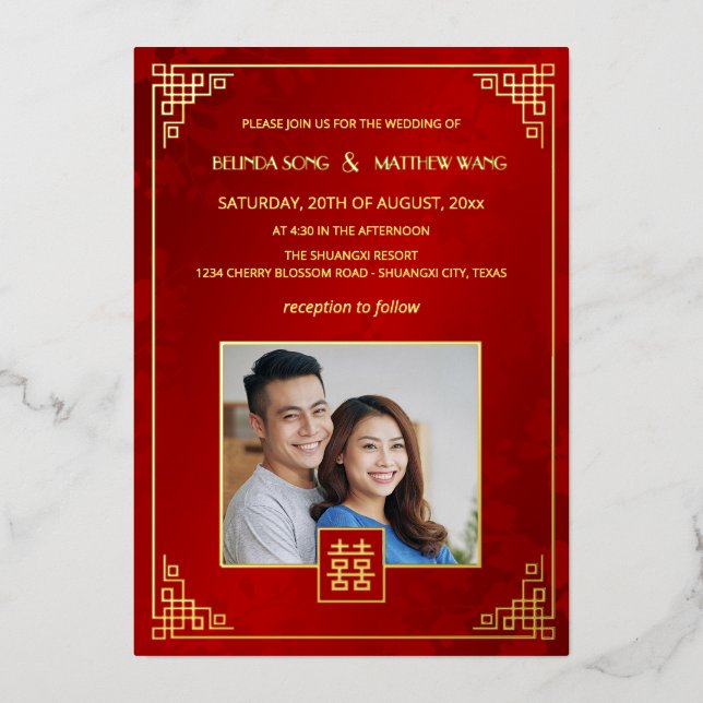 Invitación Con Relieve Metalizado BILINGUAL Photo Red Gold Chinese Wedding (Anverso)