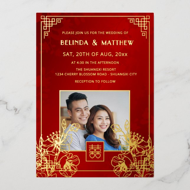 Invitación Con Relieve Metalizado BILINGUAL Photo Red Gold Chinese Wedding (Anverso)