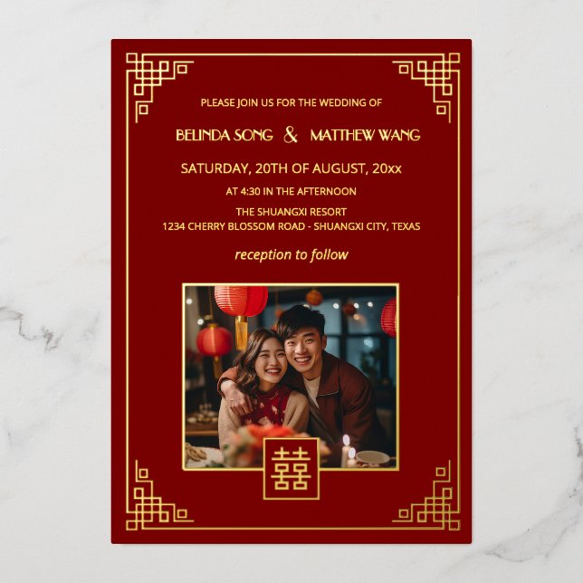 Invitación Con Relieve Metalizado BILINGUAL Photo Red Gold Chinese Wedding (Anverso)