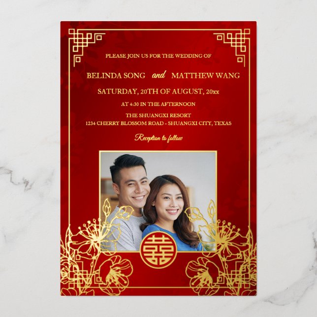 Invitación Con Relieve Metalizado BILINGUAL Photo Red Gold Chinese Wedding (Anverso)