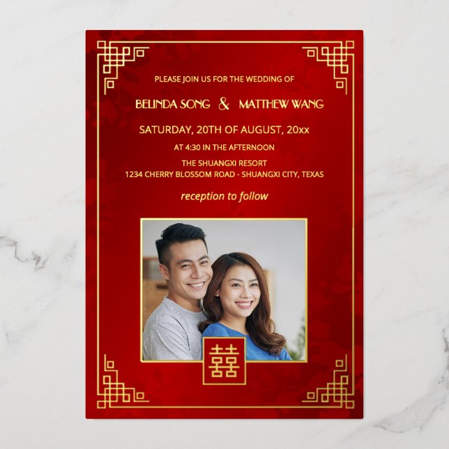 Invitación Con Relieve Metalizado BILINGUAL Photo Red Gold Chinese Wedding (Anverso)