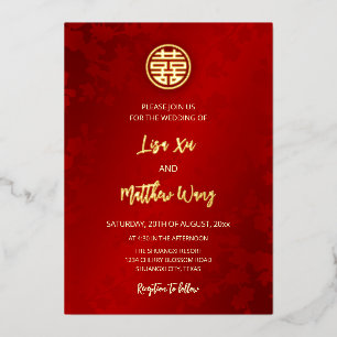 Invitación Con Relieve Metalizado BILINGÜE Boda china moderna roja