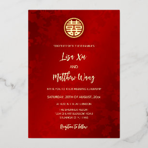Invitación Con Relieve Metalizado BILINGÜE   Boda china roja moderna