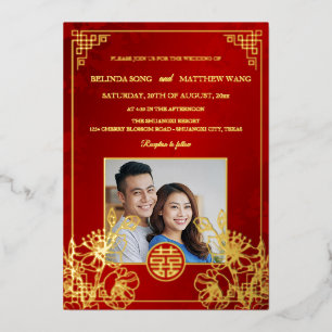 Invitación Con Relieve Metalizado BILINGÜE Boda China Rojo Dorado Foto