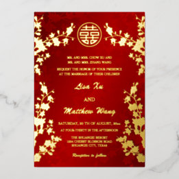 Invitación Con Relieve Metalizado Bilingüe Chino | Boda Flor de Cerezo Roja