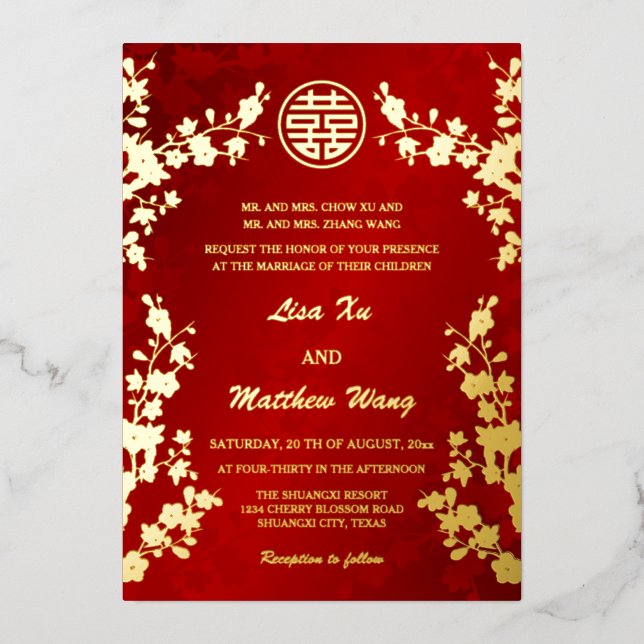 Invitación Con Relieve Metalizado Bilingüe chino | Boda Red Cherry Blossom (Anverso)