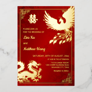 Invitación Con Relieve Metalizado BILINGÜE Dragón y Fénix   Boda China
