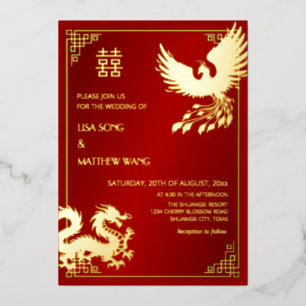 Invitación Con Relieve Metalizado BILINGÜE Dragón y Fénix   Boda China