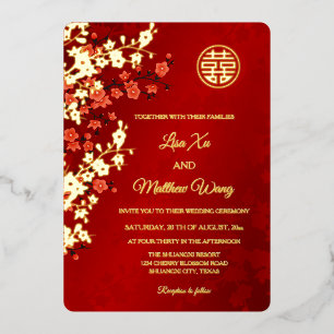 Invitación Con Relieve Metalizado BILINGÜE Flor de Cerezo Roja Dorada Bodas Chinas