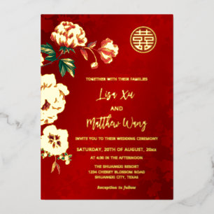 Invitación Con Relieve Metalizado BILINGÜE Flor de Peonía Dorada Boda China