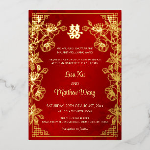 Invitación Con Relieve Metalizado BILINGÜE Marco de Bodas Chino Rojo Dorado