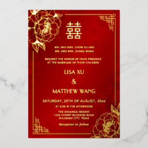 Invitación Con Relieve Metalizado BILINGÜE Marco de Oro Peonía Boda China
