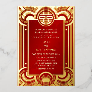 Invitación Con Relieve Metalizado BILINGÜE Marco Dorado Rojo Boda China