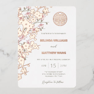 Invitación Con Relieve Metalizado BILINGÜE Rosa Polvo Rosado Dorado Boda China