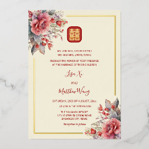 Invitación Con Relieve Metalizado BILINGÜE Rosas Bodas Chinas de Oro