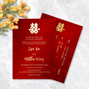 Invitación Con Relieve Metalizado Bilingüe Simple Boda China Rojo Oro